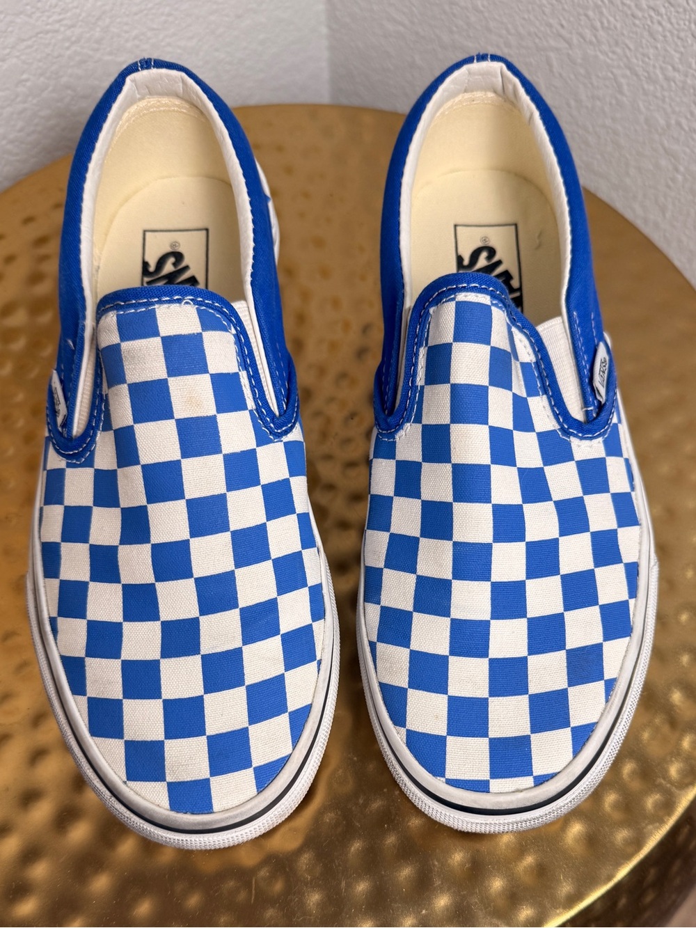 Vans Women’s Classic Slip-On Checkerboard Sneakers in Blue/White